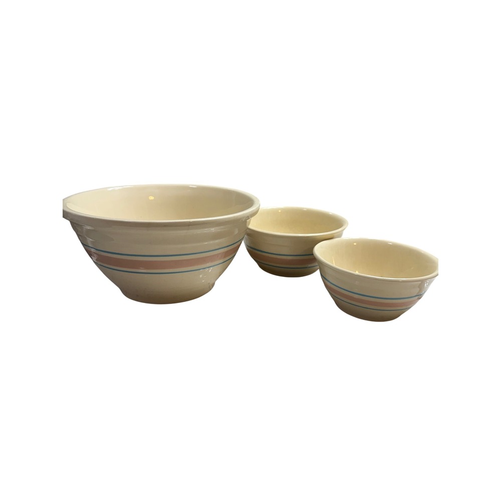 McCoy Mixing Bowl Set Cream Striped Stoneware USA RePOP from 80's 3pc Set Y2K
